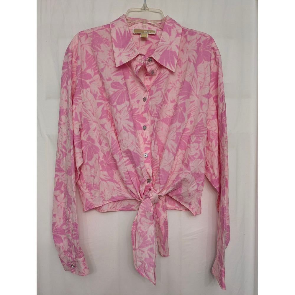 Michael Kors Pink Tropical Leaf Print Front Tie Cotton Shirt MS440EDETZ L
